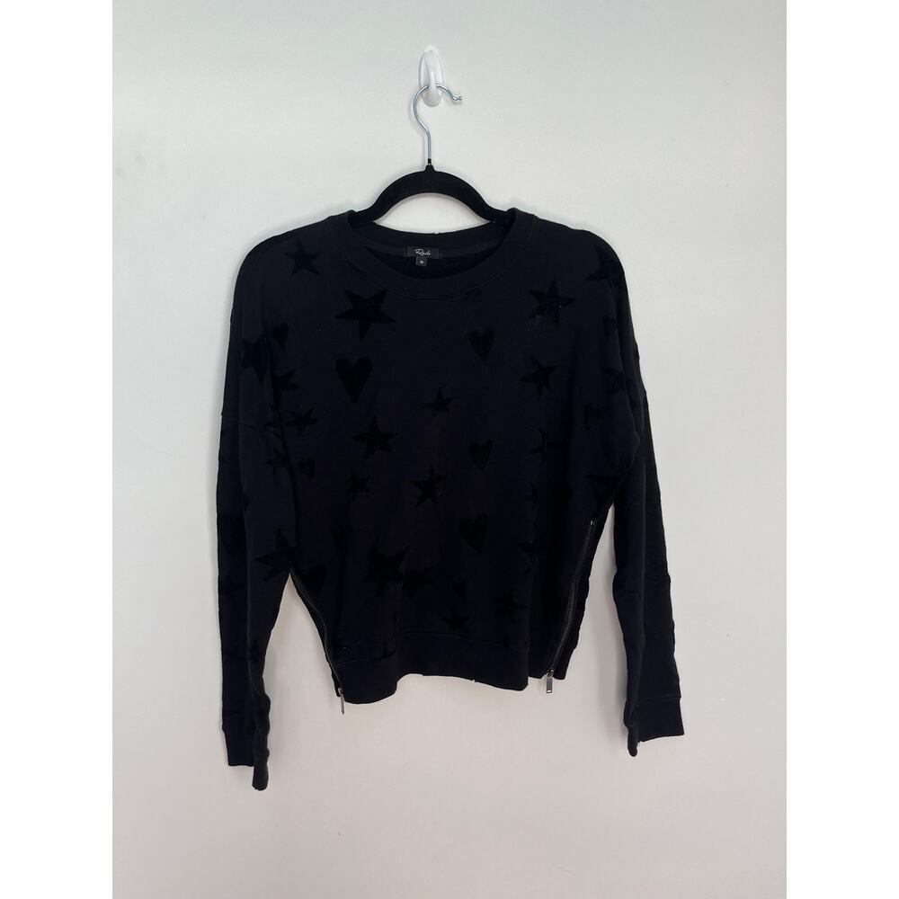 Rails Star Heart Print Sweatshirt Women XS Black Crewneck Pullover Zipper Hem
